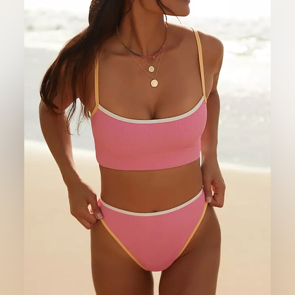 l*space Pink Ribbed Bikini with Cream and Yellow Trim